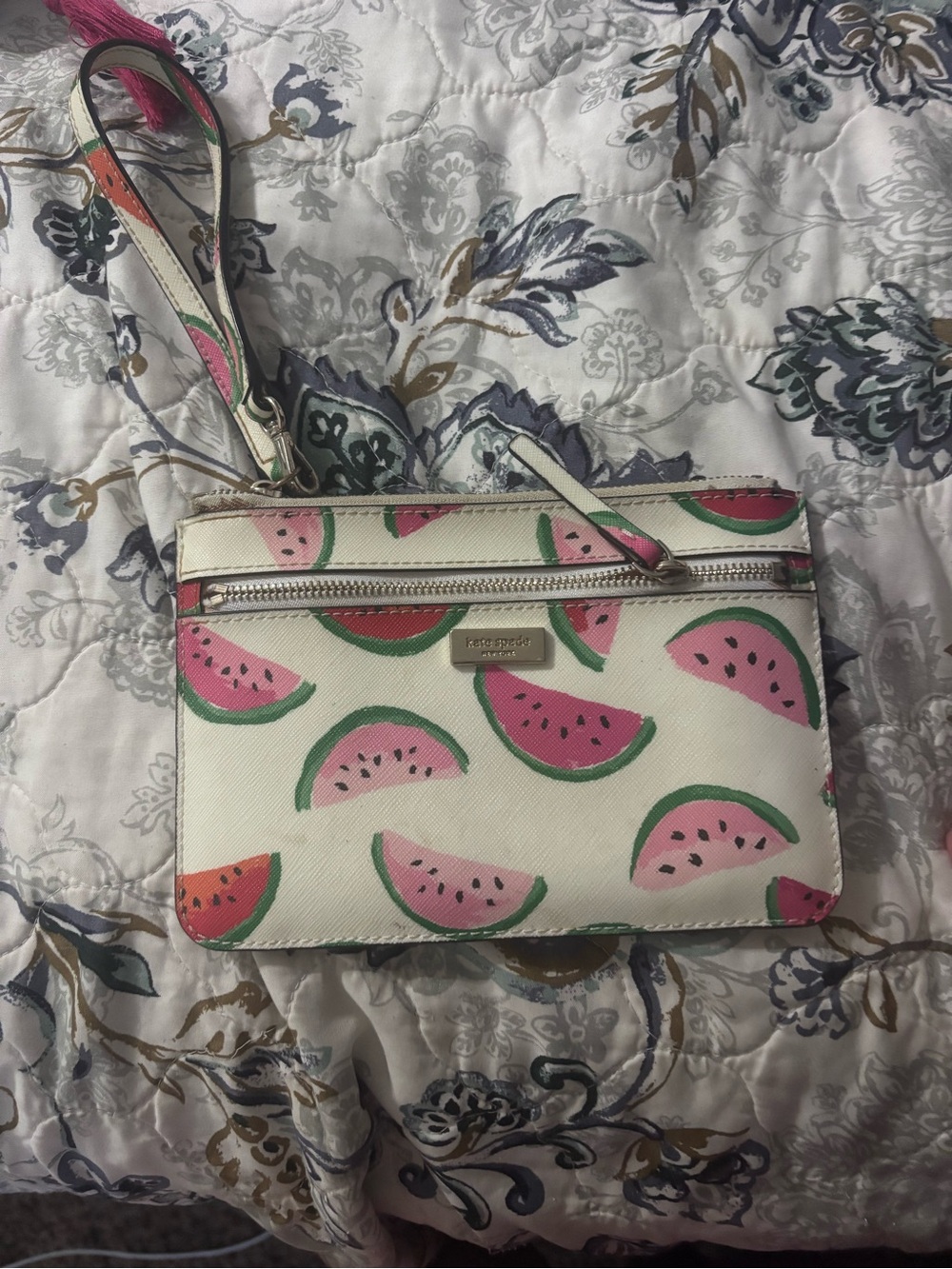 kate spade Cream Wristlet with Pink & Green Watermelon Motif